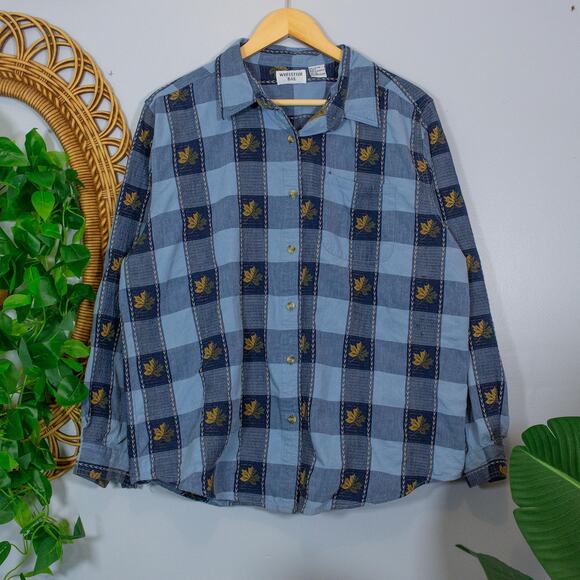 Blue Check Autumn Leaves Embroidered Shirt XL Cotton Button Down | Soft Summer - Picture 3 of 8